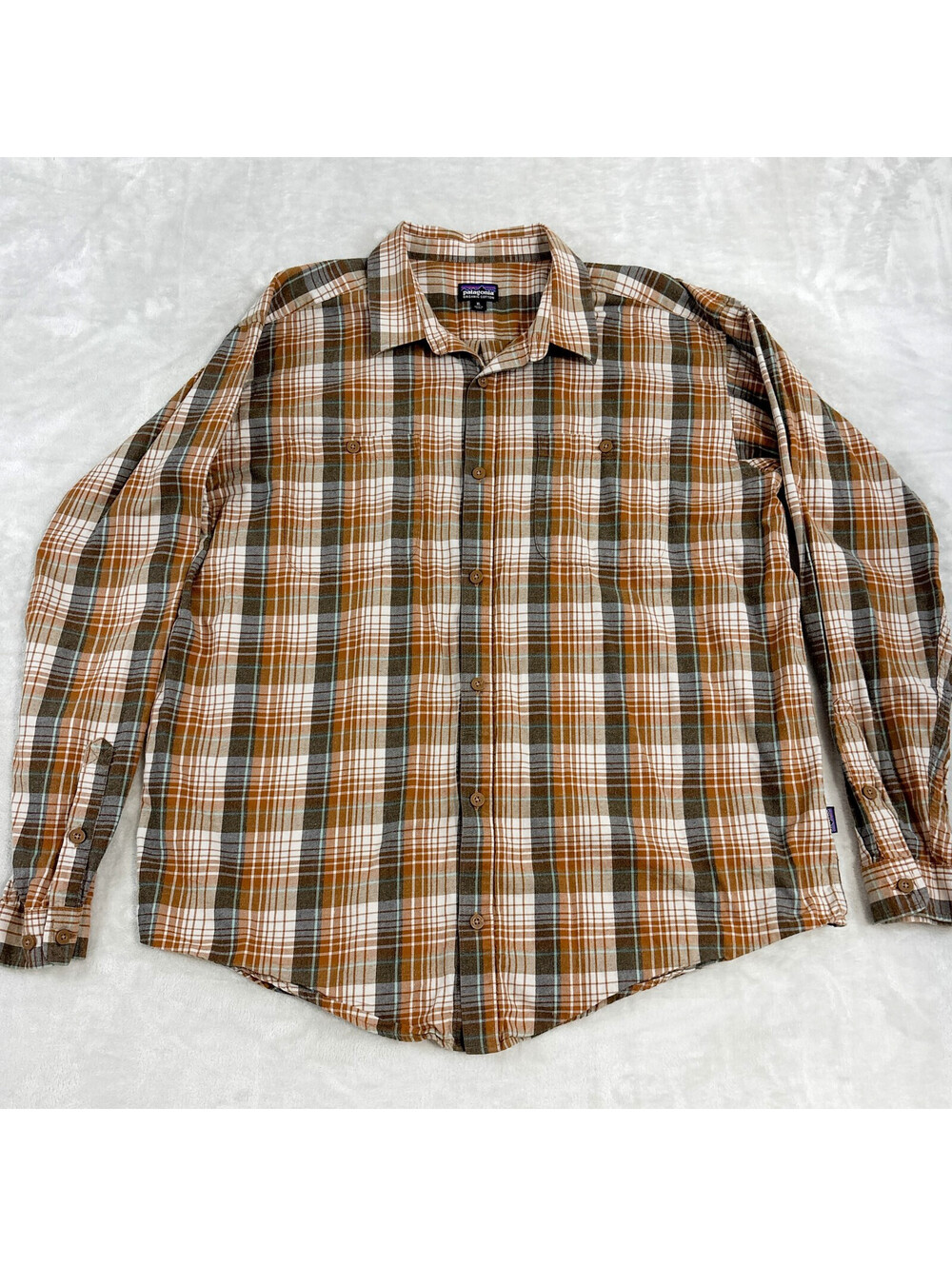 Patagonia Pima Cotton Shirt Mens Size XL Brown White Plaid Long Sleeve 53837